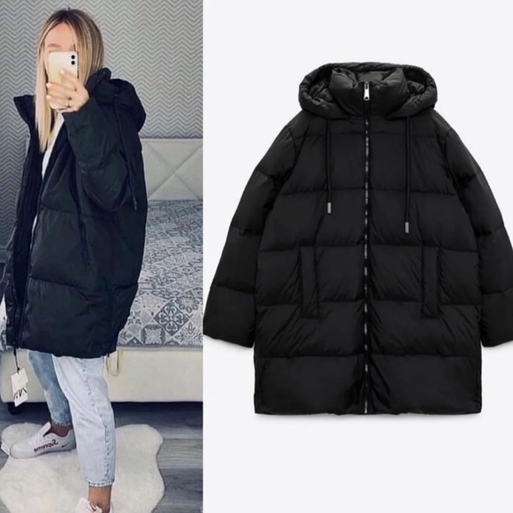 Zara Black Water and Wind Protection Hooded Down Coat - Picture 1 of 13